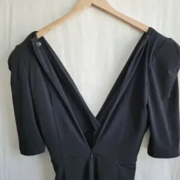 Zhivago Black Deep V Neck Knee Length Bodycon with Shoulder Pads Dress Size 6 - Picture 5 of 7